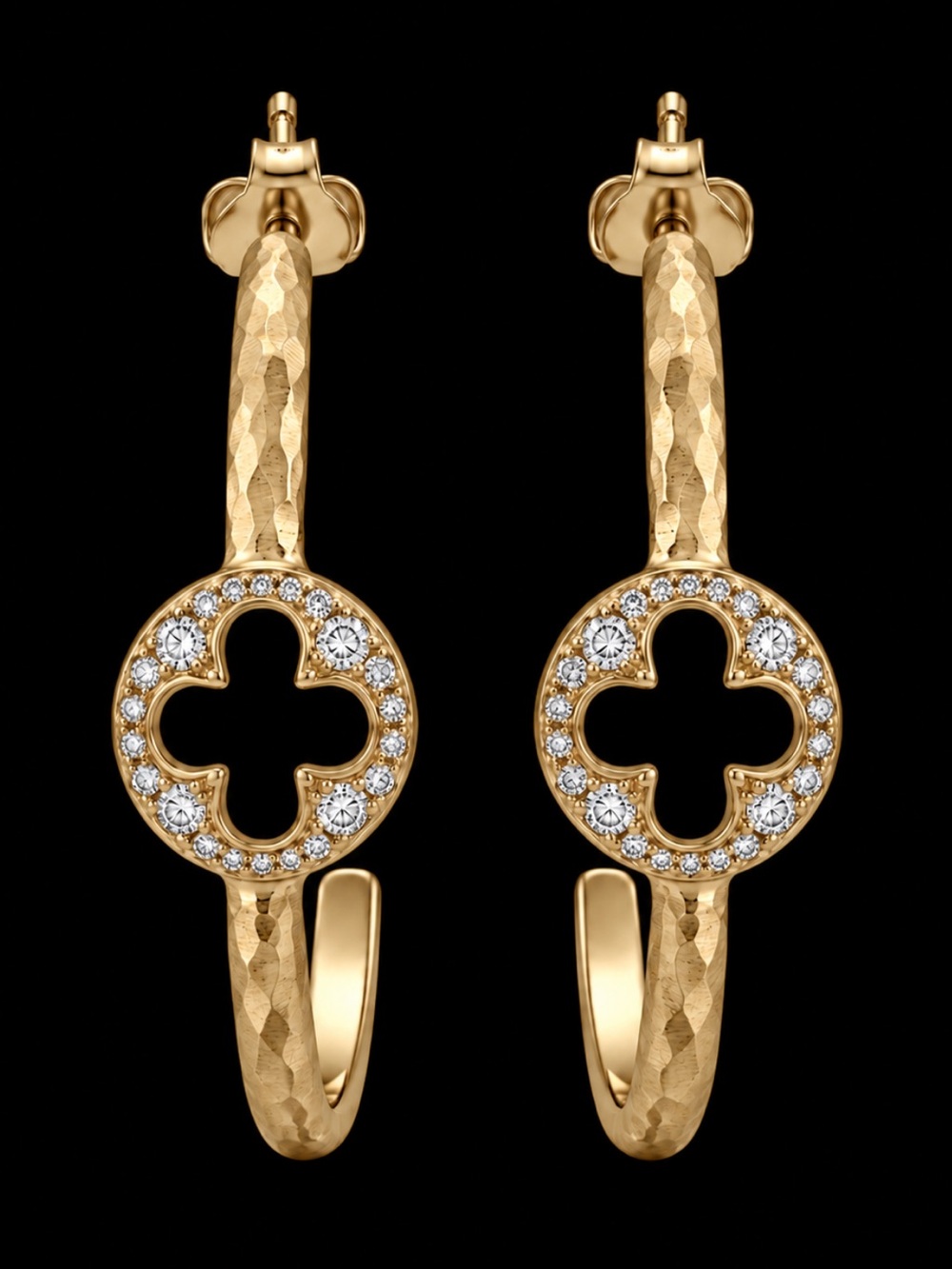 “Peekaboo Clover” Concave Hollow Crystal Encrusted Cross Plus Hammered Gold Hoop